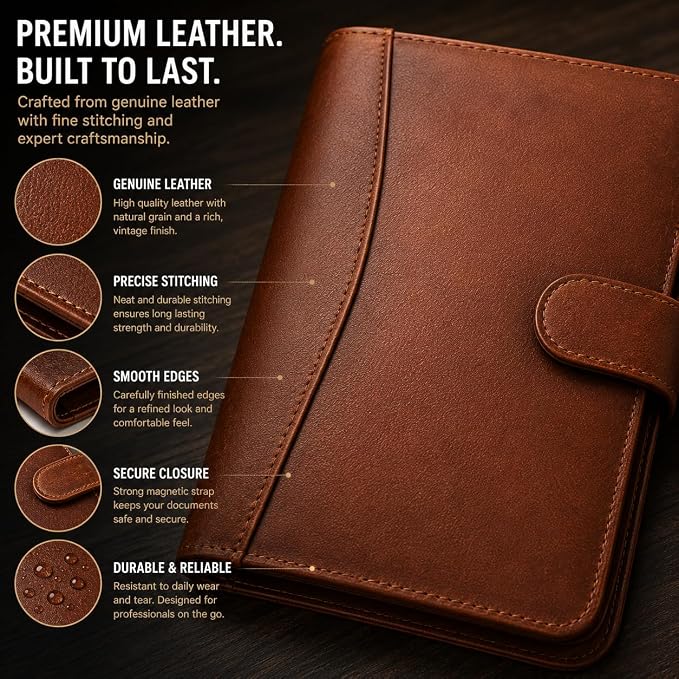 Leather Portfolio Padfolio Organizer – Professional Resume & Interview Portfolio Folder with Zipper Pocket, Card Slots & Pen Holders – Genuine Leather Business Portfolio Binder for Documents