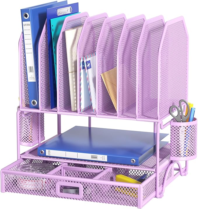 FANXIYQ Metal Desk Organizer with Sliding Drawer, 7-Section File Organizer for Desk, Desktop File Folder & Paper Organizer with 2 Hanging Pen Holders, Office Supplies Organizer, Purple