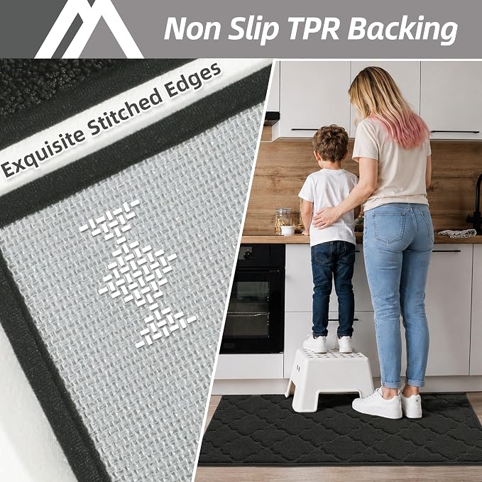 COSY HOMEER-Kitchen-Rugs-Non-Slip-Washable 24"x60" Absorbent Kitchen Runner Rug Polyester Kitchen Mats for Floor Soft Standing Floor Mats for Sink Mat,Hallway,Laundry,Black