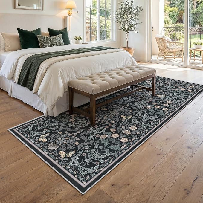 Puino Washable 3x7 Runner Rug: Soft Vintage Floral Non Slip Rubber Backing Floor Mat for Hallway Low Pile Stain Resistant Carpet for Entryway Kitchen Bedroom Bathroom Bedside Home Decor Dark Botanical