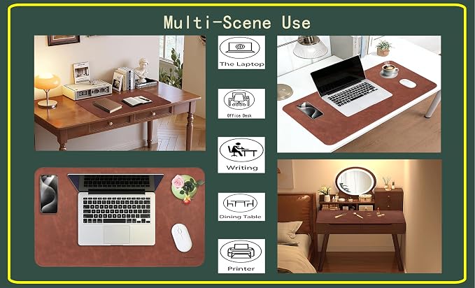 Soft Anti-Curl Faux PU Desk Mat 23.6"x13.8", Waterproof Heat Safe Non-Slip Vintage Desk Pad, Stitched Edge Wipeable Tear Resistant Desktop Protector for Work from Home Office (Brown)