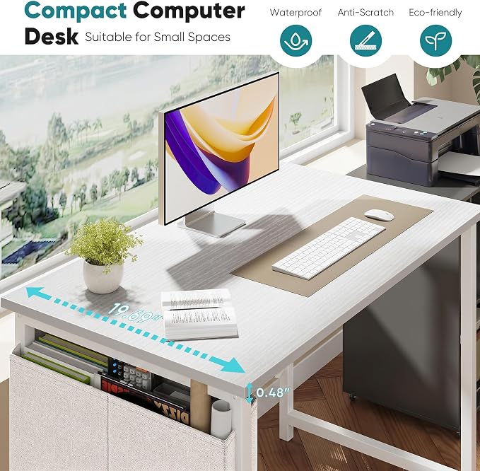 OLIXIS Small Computer Desk, 31 Inch Home Office Desks, Writing Study Craft Work Gaming Table, Computer Workstation for Bedroom Small Spaces with Storage Bag and Headphone Hook, White