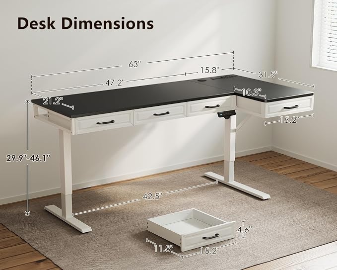 OffiGo L Shaped Electric Standing Desk with Wooden Drawers, 63 Inch Height Adjustable Corner Workstation with Power Outlets, Sit Stand Table for Home, Office, White+Black