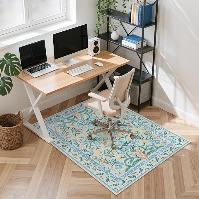 Anidaroel 36"x48" Office Chair Mat for Hardwood Floor/Tile, Anti-Slip Boho Desk Mat for Chairs, Tea Green Office Floor Mat, Low Pile Floor Protector for Rolling Chair, Floral Under Desk Rug