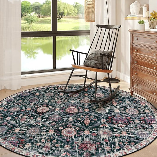 Lahome Moroccan Trellis Washable Round Area Rug, Soft Round Rugs 6ft Ultra-Thin Non-Slip, Vintage Large Circle Carpet for Bedroom Living Room Kitchen Nursery Elise, Black/Multi