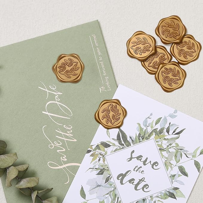 UNIQOOO Wax Seal Stickers - Olive Branch Wedding Invitation Envelope Seal Stickers, 100 Pcs Self- Adhesive Antique Gold Stickers, Perfect for Invitation, Christmas, Gift Wrapping