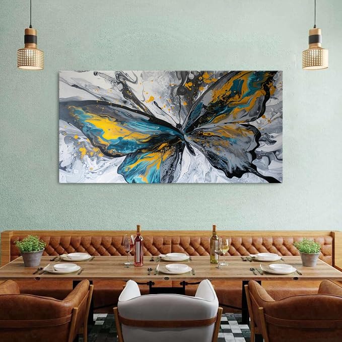 Abstract Butterfly Wall Art Teal Grey Yellow Butterfly Wall Decor Modern Marble Textured Canvas Poster Luxury Fluid Pictures Watercolor Neutral Artwork Living Room Bedroom Home Decoration 30x60"