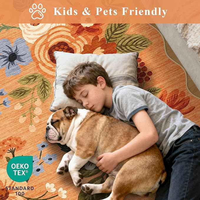 DUKINO 6x9 Area Rug, Floral Washable Rugs for Living Room with Non Slip Backing & Non-Shedding, Lightwight Low Pile Boho Design Large Carpets for Bedroom, Living Room, Dining Room, Orange