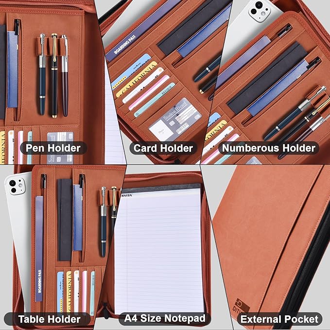 Premium Vegan Leather Portfolio Organizer Business Folder - Zippered Padfolio with Zipper Closure Pad Holder Compatible with Legal Pads 8.5 x 11 Inch for Women & Men (Brown)