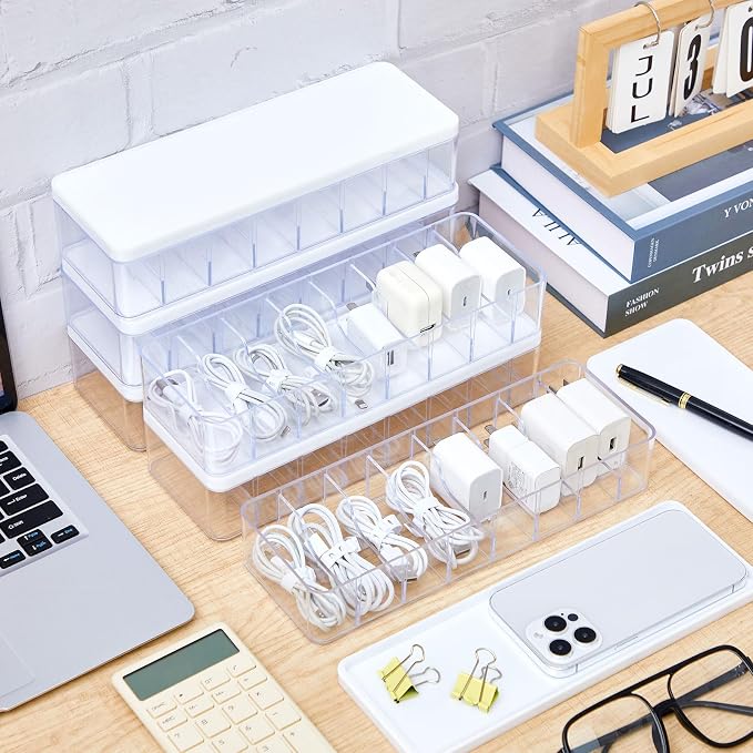 Tatuo 6 Pcs Cord Organizer for Drawer Desktop, Cable Organizer Box with 8 Compartments and Wire Ties, Plastic Charger Storage with Lid, Electronics Case for Home Office Accessories (Small,Clear,White)
