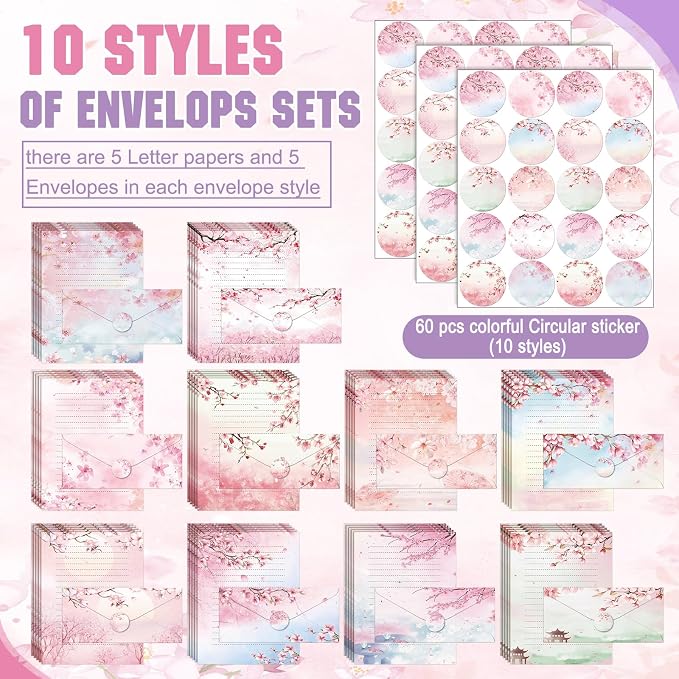 TaoBary 160 Pcs Stationery Paper Set 50 Double Sided Stationery Papers with 50 Matching Envelopes and 60 Round Dot Sticker, 10 Design(Cherry Blossom,8.5 x 11 Inch)