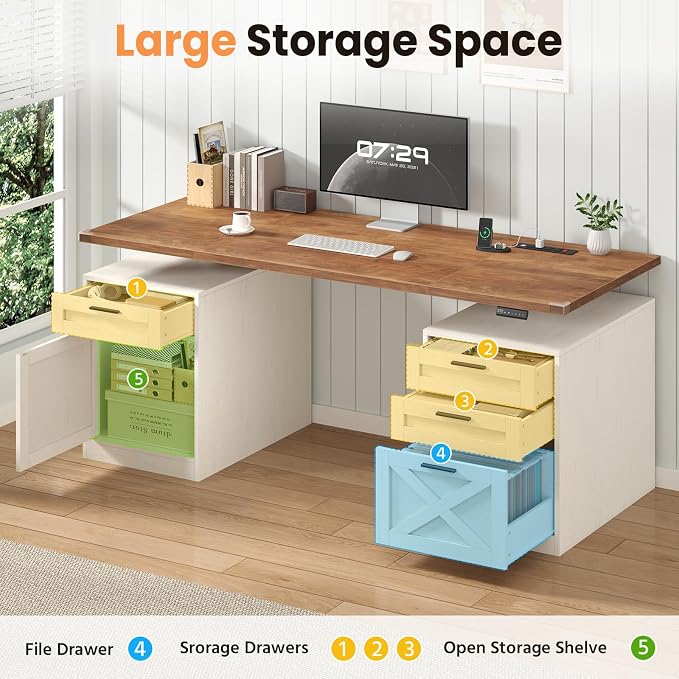YOMILUVE 60" Farmhouse Electric Standing Desk with Drawers for Home Office | Height Adjustable Computer Desk with 4 Drawers & Storage Shelves, Wood Sit Stand Desk with Power Outlets for Work, Study