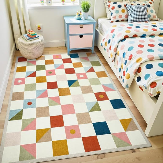 Terrug Multicolored Geometric Checkered Rug for Bedroom, 4x6 Area Rugs Washable with Non Slip for Living Room, Soft Low Pile Stain Resistance Carpet for Kids Room