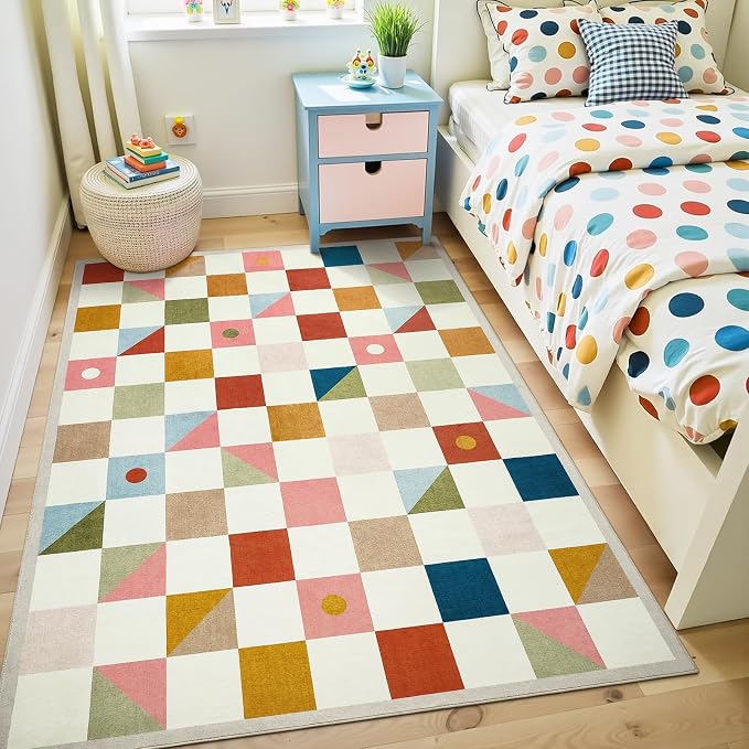 Terrug 3x5 Checkered Rug for Entryway, Multicolored Geometric Area Rugs Washable with Non Slip for Kids Room, Soft Low Pile Stain Resistance Carpet for Kitchen
