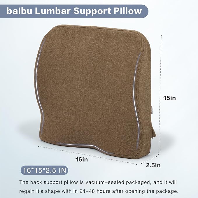 baibu Lumbar Support Pillow for Office Chair, Memory Foam Back Support Cushions Ergonomic Orthopedic Lumbar Pillow for Home, Office, Car, Brown