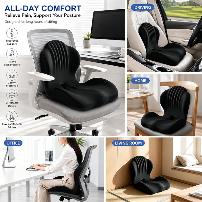 Non-Slip Ergonomic Seat Cushion for Office Chair, High-Density Memory Foam Desk Chair Cushions with Lumbar Support & Tailbone Pain Relief, Breathable Two-Tone Butt Pillow for Car, Gaming Chair - Black