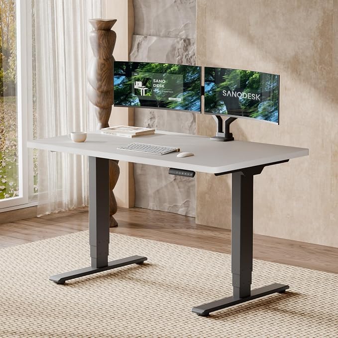 SANODESK Dual Motor Standing Desk 220lbs Height Adjustable Desk | 48"x30" Spacious One-Piece White Desktop & Black Frame, 4 Memory Presets, 3-Stage Legs, 220lbs, 2-Box for Home & Office