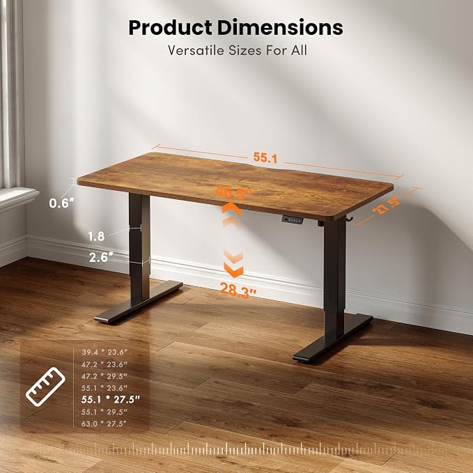 CubiCubi Electric Standing Desk 55 x 28 Inch, Height Adjustable Sit Stand Desk with Memory Presets, Splice Desktop Computer Desk for Home Office, Black Frame/Vintage Brown Top