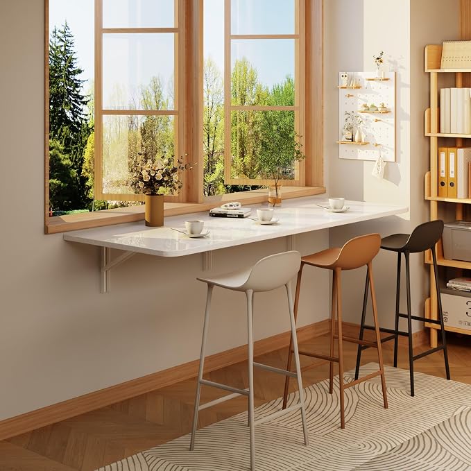 IAE 55" x 22" Floating Foldable Desk,Wall-Mounted Folding Computer Table with Engineered Wood,Study Table with Shelf Brackets,Fold Down Shelf,Fold Computer Desk for Small Spaces,Holds 500 lb,White
