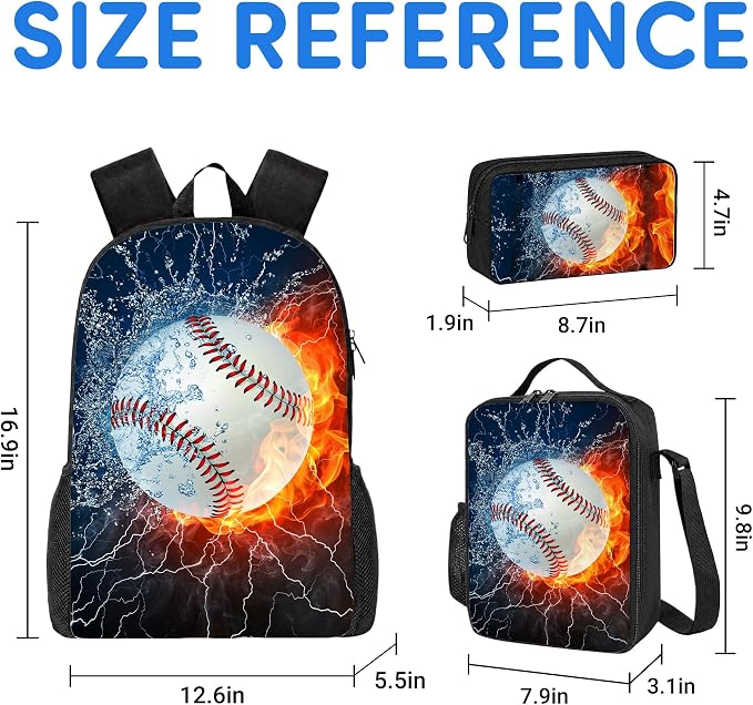 3PCS Baseball Backpacks for Boys Girls Teens, School Backpack with Lunch Box Pencil Case for Elementary Middle High Students, 17 Inch Lightweight Bookpack 3 in 1 Set Back to Shool Supplies for Kids