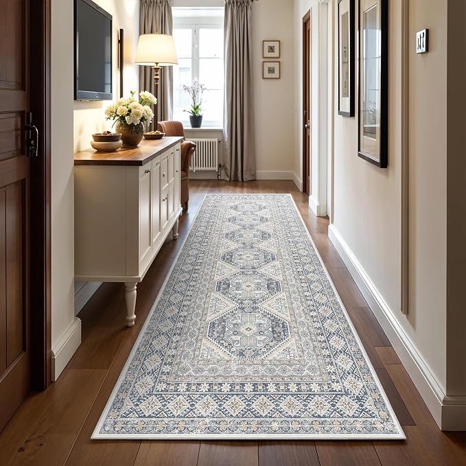 3x10 Runner Rug Kitchen Washable:Oriental Indoor Hallway Runners with Non Slip Backing Floor Mat for Entryway Door Low Pile Thin Carpet for Bedroom Bathroom Living Room Bedside (Blue, 3x10)