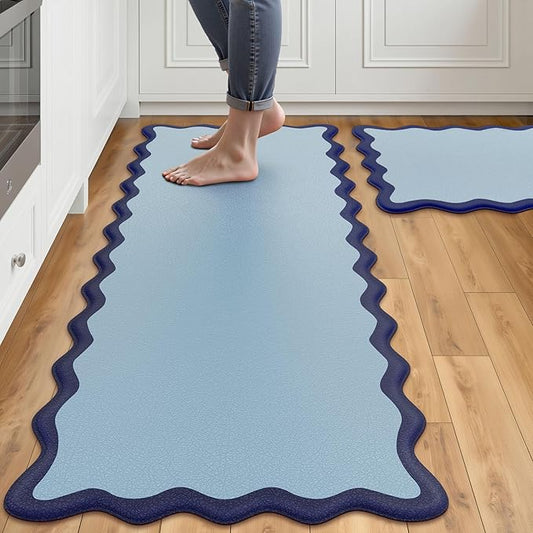 Scalloped Navy Blue Kitchen Mats Rugs Sets of 2 Cushioned Anti Fatigue Floor Mat Waterproof Kitchen Rugs Non Slip Foam Comfort Standing Mat for Sink Laundry