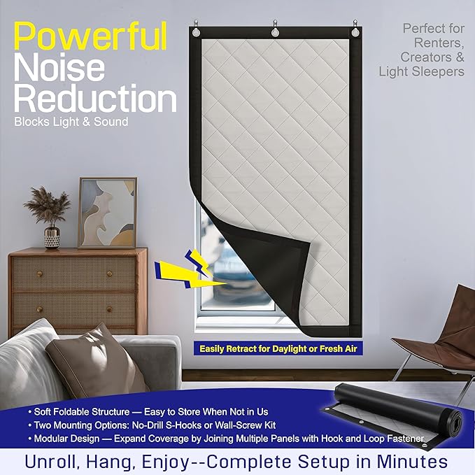 Soundproof Curtain 70" x 40" – Heavy Duty Sound Blocking & Sound Dampening Curtain with Grommets & Hooks, Multi-Layer Acoustic Curtain for Noise Reduction & Light Blocking, Black, Single Panel