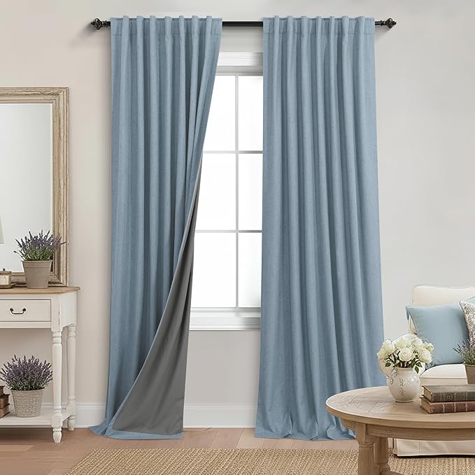 KOUFALL 90 Inch Stone Blue Linen Blackout Curtains, Thermal Insulated Blue Grey Black Out Curtains for Boys Bedroom, Wide 52 x 90 Inch Long, 2 Panels Set