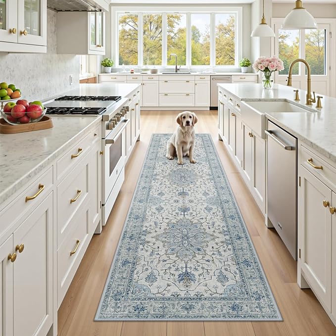 RELEANY Area Rugs Runner 3'x9' Washable Non-Slip, Floral Vintage Distress Medallion Carpet for Kitchen Hallway Bedroom Beside Laundry Room Bathroom, Light Blue Navy Gray White