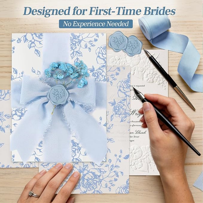 Wedding Invitation Accessories Kit, Pre-Folded Vellum Jackets for 5×7 Invitations with Wax Seal Stickers, Ribbon & Dried Flowers, Elegant Wedding Invitation Accessories for DIY Bridal Invites (Blue-Rose, 50)