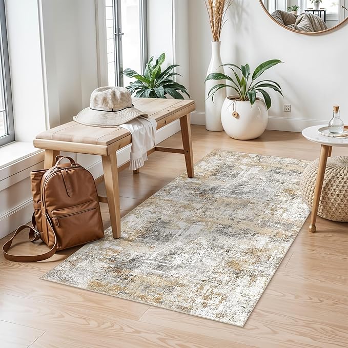2x5 Non-Slip Washable Runner Rug – Modern Neutral Abstract Small Rug for Hallway, Kitchen, Bathroom, Bedroom, Entryway, Laundry Room – Thin Soft Low-Pile Rubber Backing (Gold Grey)