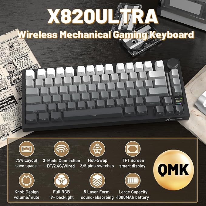 Attack Shark X820Ultra Wireless 75% Mechanical Gaming Keyboard with Screen & Knob Hot Swappable 2.4GHz/BT/Wired RGB Backlit Gasket Mount Side Print PBT Keycap QMK Web Driver Shark Switch-Moonnight