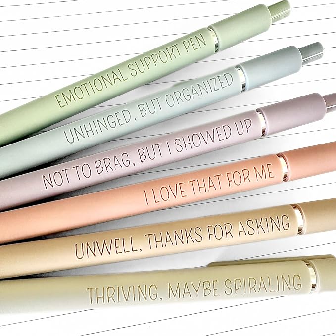 6-Pen Set | Unhinged But High-Functioning Engraved Soft-Touch Gel Pens｜Snarky Sarcastic Emotional Support Pens｜Office Supplies (Silver Pastel)