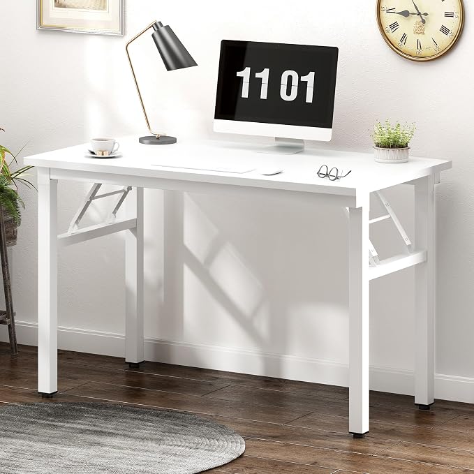 Need 39.4 Inch Folding Desk for Small Spaces, Home Office Computer Desk with White Wood Top & Metal Frame, Foldable Writing Table for Study, Bedroom, Dorm Room & Student