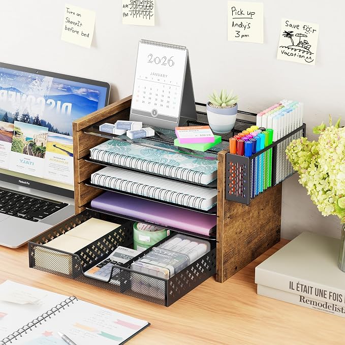 Simple Trending Wooden Desk Organizer, 5-Tier File Organizer, Rustic Brown | Wooden Desk Organizers and Accessories with Drawer & Pen Holder, Natural Wood & Metal for Office Home, 9"L x 12.75"W x 9.75"H