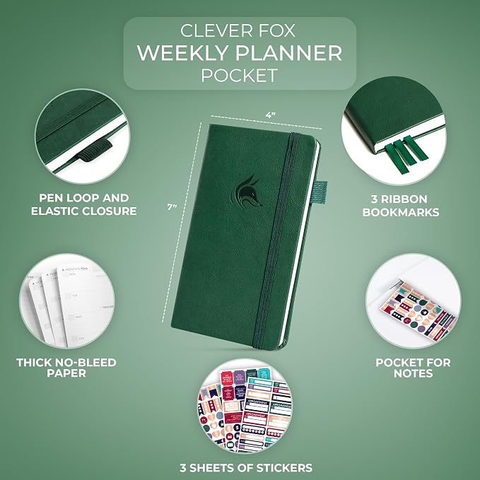 Clever Fox Pocket Planner Weekly – Undated Monthly Goal Planner and Calendar, Mini Planner Perfect for Purse, 3.7x6.7" (Forest Green)