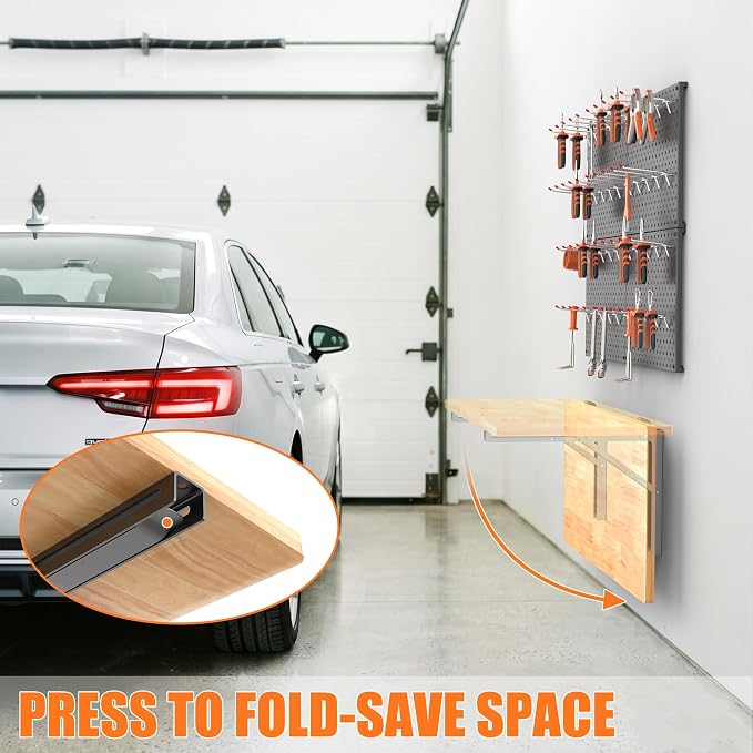 TORACK Heavy Duty Wall Mounted Folding Workbench with Pegboard Kit, Space-Saving Collapsible Wall Table/Desk for Garage Workshop, Holds Up to 150 lbs(Board Size: 31.5 x 15.75 in)
