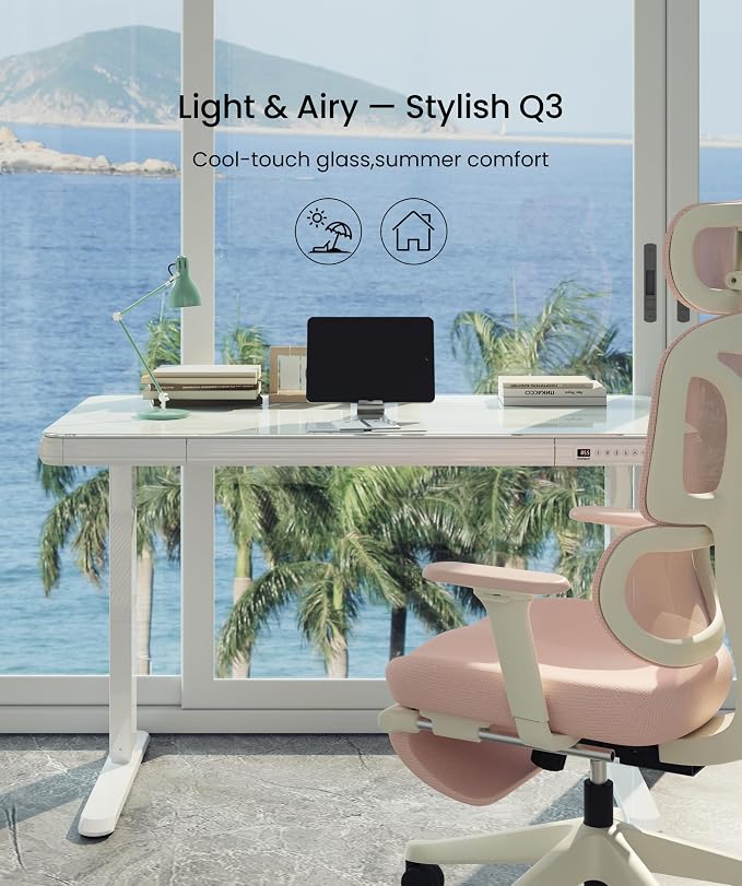 SANODESK Standing Desk with Drawer, Electric Height Adjustable Home Office Desk with Storage & USB Ports, 48 inch Tempered Glass Tabletop/White Frame