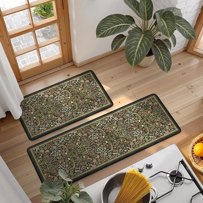 Collive Anti Fatigue Kitchen Mats, Spring Green Floral Kitchen Rugs Sets of 2 Non Slip Waterproof Standing Mat, Vintage Comfort Desk Rug for Office, Sink, Laundry, 17.3"x29"+17.3"x47"