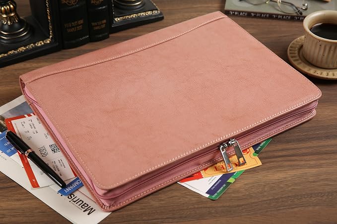 Pink Leather Padfolio for Women, Business Leather Binder 3 Ring Portfolio, Personalzied Leather Portfolio Binder, Zippered Portfolio Organizer for A4 Letter Size Notepad & 13-inch Laptop/Tablet