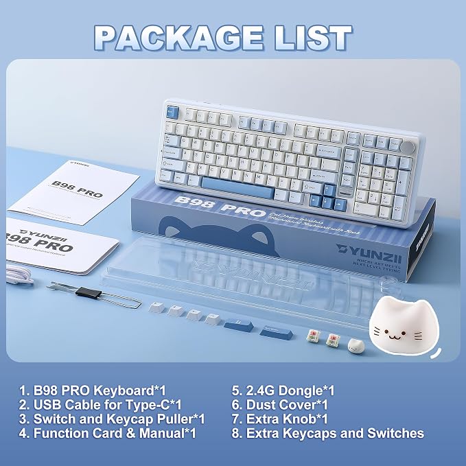 YUNZII B98 PRO QMK/VIA Wireless Mechanical Gaming Keyboard,96% Layout with Numpad and Cute Cat Knob, BT/2.4G/USB-C,Linear Switch Hot Swap Gasket,RGB for Win/Mac (Blue, Candy Linear Switch)