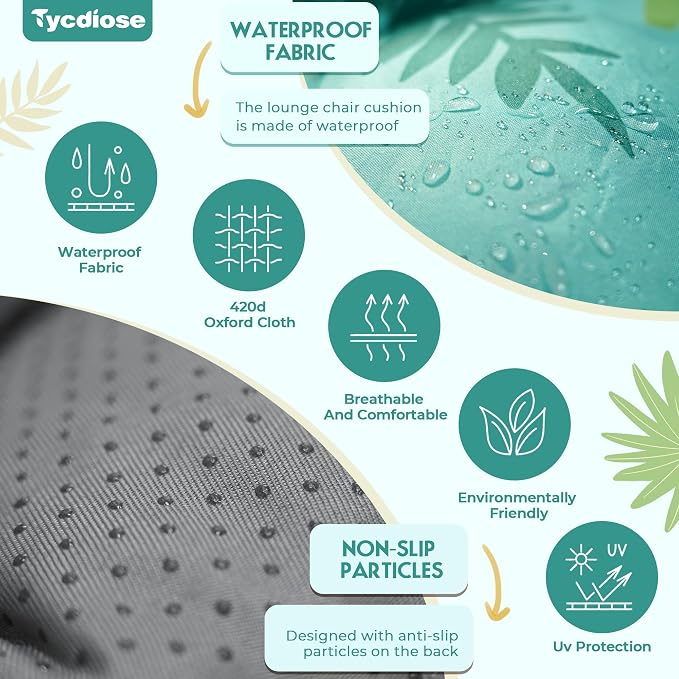 Outdoor Chaise Lounge Chair Cushion Waterproof 74.4 x 22 x 4.7 Inches Thickened Memory Foam Patio Lounge Chair Cushions Replacement for Outdoor Furniture with Ties, Cyan Floral Leaf