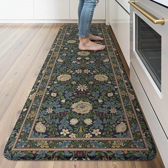 KIMODE Kitchen Mats for Floor Anti Fatigue,Cushioned Runner Rug | Black,Vintage Boho Floral Runner Rug Non Slip Waterproof, Wide Long Padded Kitchen Floor Mat for Laundry Sink Office Home