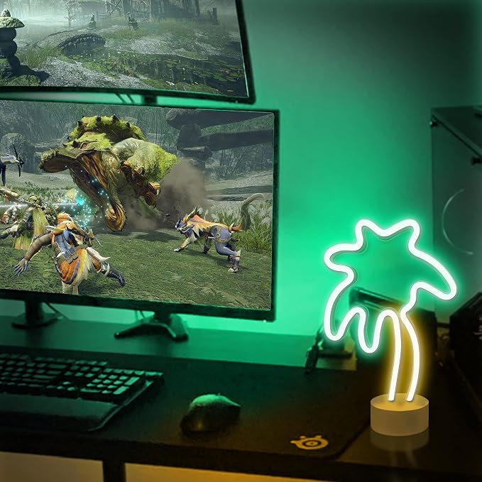 Lumoonosity Palm Tree Lights - Green & Yellow Palm Tree Neon Sign for Bedroom, Game Room - Battery/USB Powered Coconut Trees Neon Light with Stand for Desktop & Tabletop
