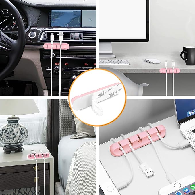 Cord Holder Cable Organizer Clips Cord Organizer for Desk, Nightstands | Self Adhesive, Office, Car, Pink Silicone Cord Keeper, Cable Management, Wire Holders for phone charger Cords