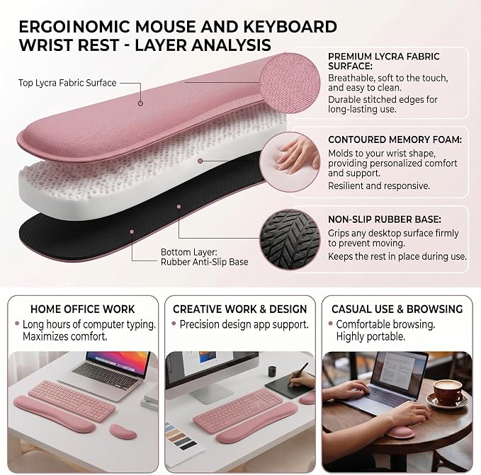 Wrist Rest for Computer Keyboard, Memory Foam Keyboard Wrists Rest, Ergonomic Design Wrist Support for Keyboard for Hand and Arm Easy Typing Pain Relief, 2 Piece Pad, Purplr Pink