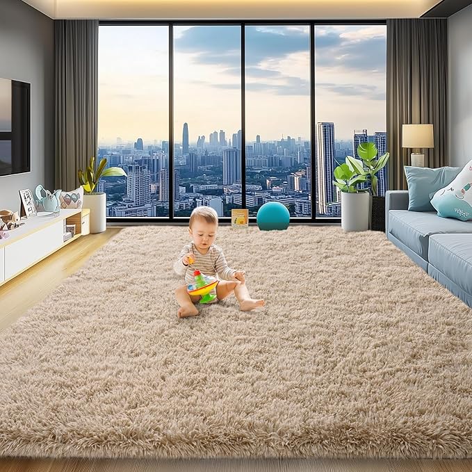 8x10 Area Rug for Living Room, Fluffy Shag Tan Rug for Bedroom Soft Large Carpet for Living Room, Shaggy Fuzzy Alfombra for Dorm Office Classroom Home Decor (8ft x 10ft, Light Tan)
