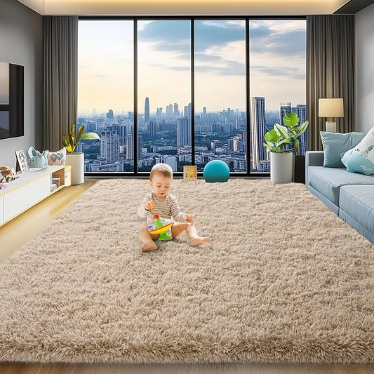 8x10 Area Rug for Living Room, Fluffy Shag Tan Rug for Bedroom Soft Large Carpet for Living Room, Shaggy Fuzzy Alfombra for Dorm Office Classroom Home Decor (8ft x 10ft, Light Tan)