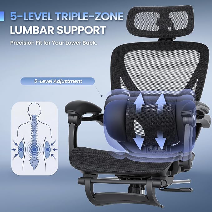 MALOL Ergonomic Mesh Office Chair with Footrest, Executive High Back Computer Desk Chair with 3D Adjustable Headrest & 5-Level Lumbar Support, Track Armrest, Tilt Lock, 300LBS, Black