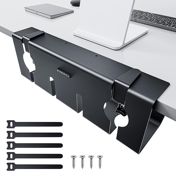 NODOCA No Drill Under Desk Cable Management Tray, 17'' Wire Management, Punch-Free Clamp on, Metal Cable Tray, Wire Organizer Under Desk, Under Desk Basket for Office and Home, Black